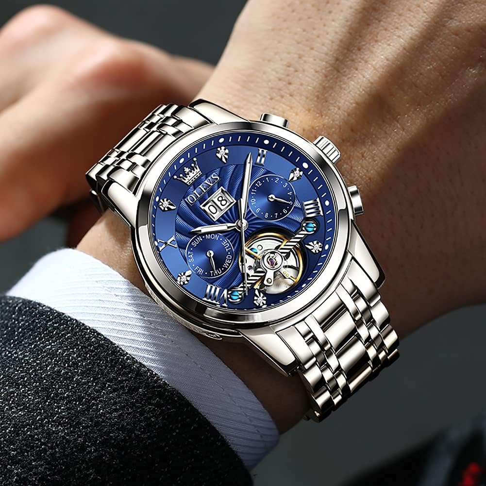 OLEVS Популярные Синие Автоматические Часы Скелетон Крутые Стильные Наручные Часы Светящиеся Календарь Дата Водонепроницаемые Синие Мужские
