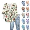 Women's Fashion Button V-Neck Ruffle Seven Sleeve Blouse Floral Printed Top