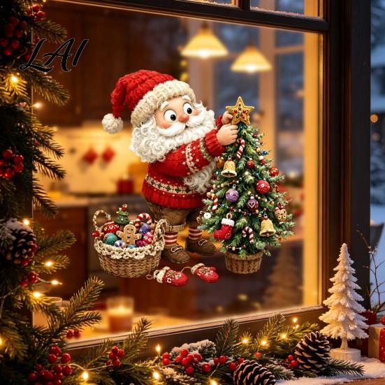 Waterproof PVC Window Film Christmas Cling Reindeer Decals and Santa Claus Static Seasonal Store Display