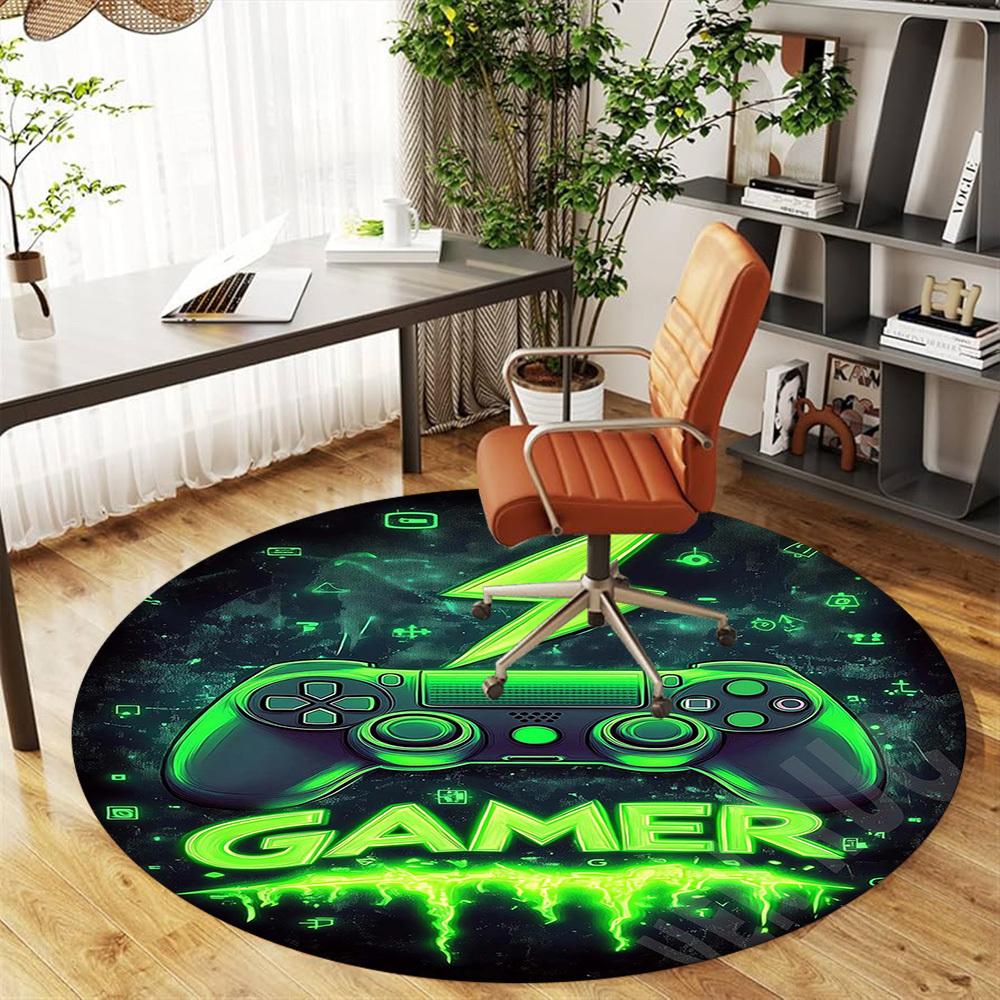 1PC Gamer Controller Neon Round Chair mat Area Rug - Non-Slip, Floor Mat for Office, Bedroom, home decor Christmas Gift c0528127
