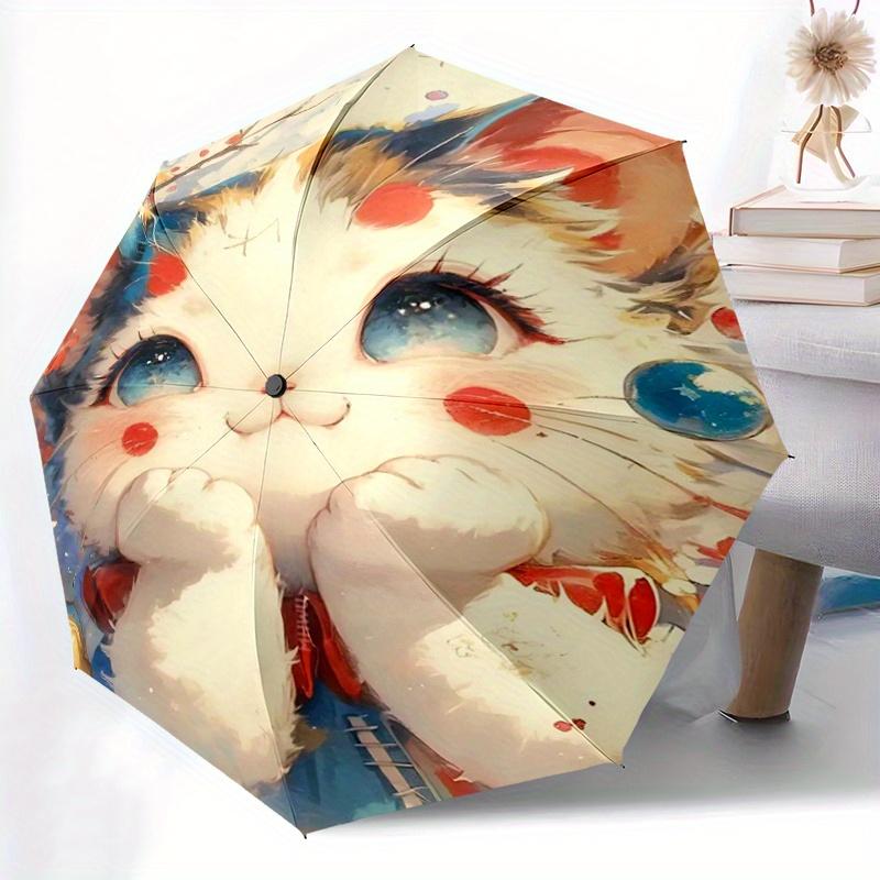 1pc Cute Little Cat Pattern Automatic 3-Fold Umbrella, 8 Steel Frames, High-Value Folding Umbrella, Suitable for Office, Travel and Outdoor Adven