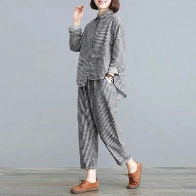 Весна Осень Комплекты Женщины Ретро Литература Большой Размер Тонкий Кардиган Повседневный Свободные Брюки Полоски Мода
