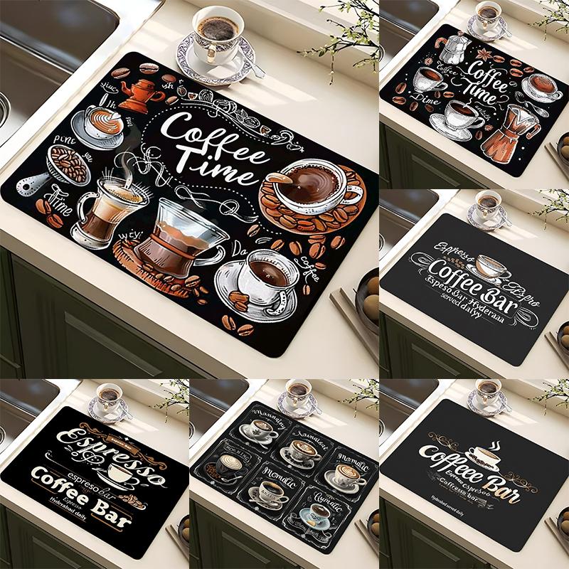 Классический кофейный дизайн Коврик для сушки посуды Мягкая резина Нескользящий Впитывающий Полиэстер Устойчивый к пятнам Для кухни Кофейный бар Столешница