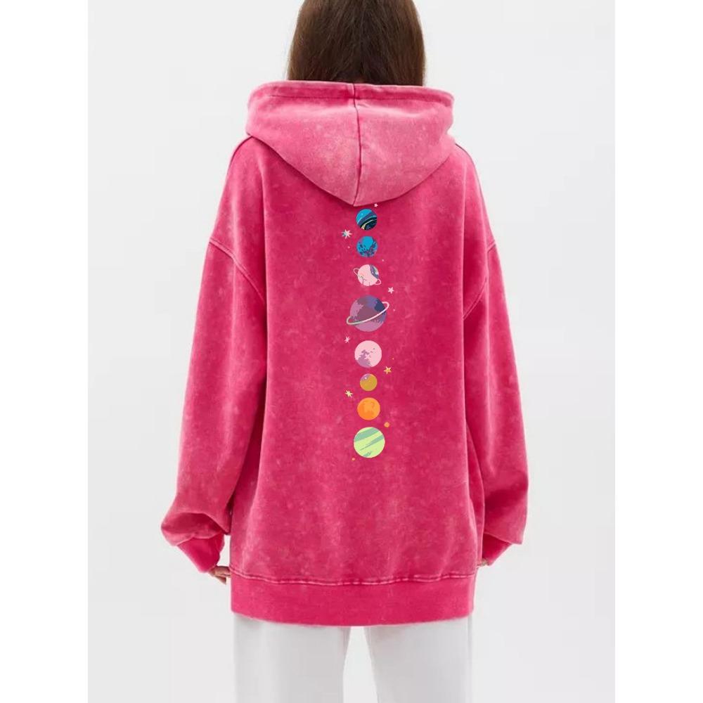 Trend Womens Acid Wash Hoodies Romantic Planets Prints Sweatshirts Oversize Pocket Cotton Street Female Streetwear