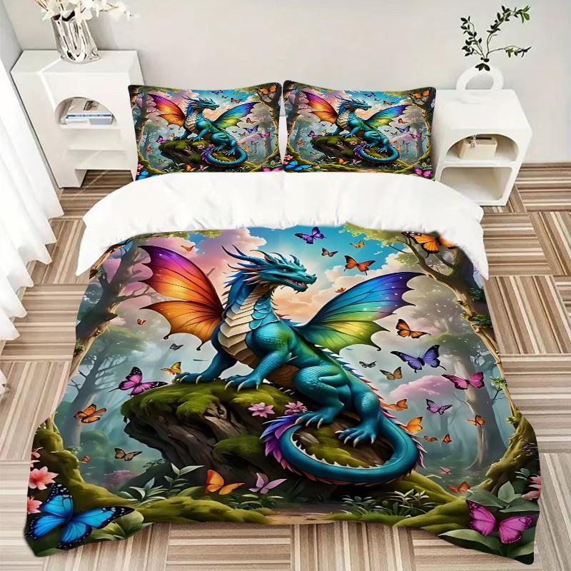 3pcs Butterflies and Dragons Bedding Set, Includes 1 Quilt Cover and 2 Pillowcases, Comfortable Bedding with Stylish Design for Bedroom