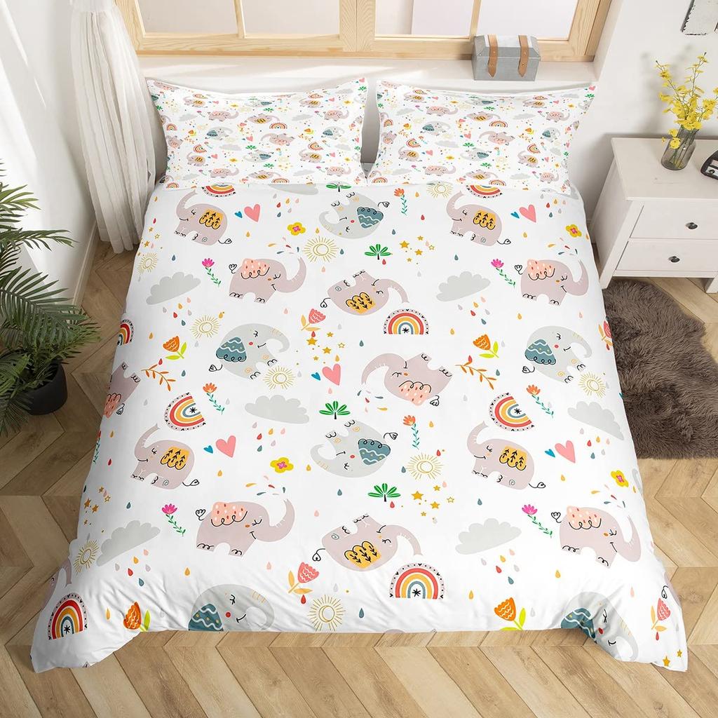 Cartoon Animal Rainbow Duvet Cover Queen Kawaii Elephant Bedding Set Kids Bedroom Decor Quilt Cover Polyester Comforter Cover