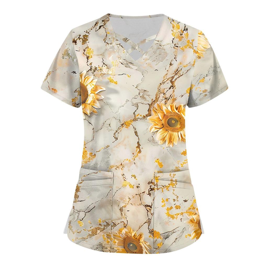Женский топ с коротким рукавом и V-образным вырезом, принтом и карманом Dry-nurse
