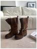 Retro Martin boots women's new autumn versatile thick heel medium tube knight boots strap round head western short boots