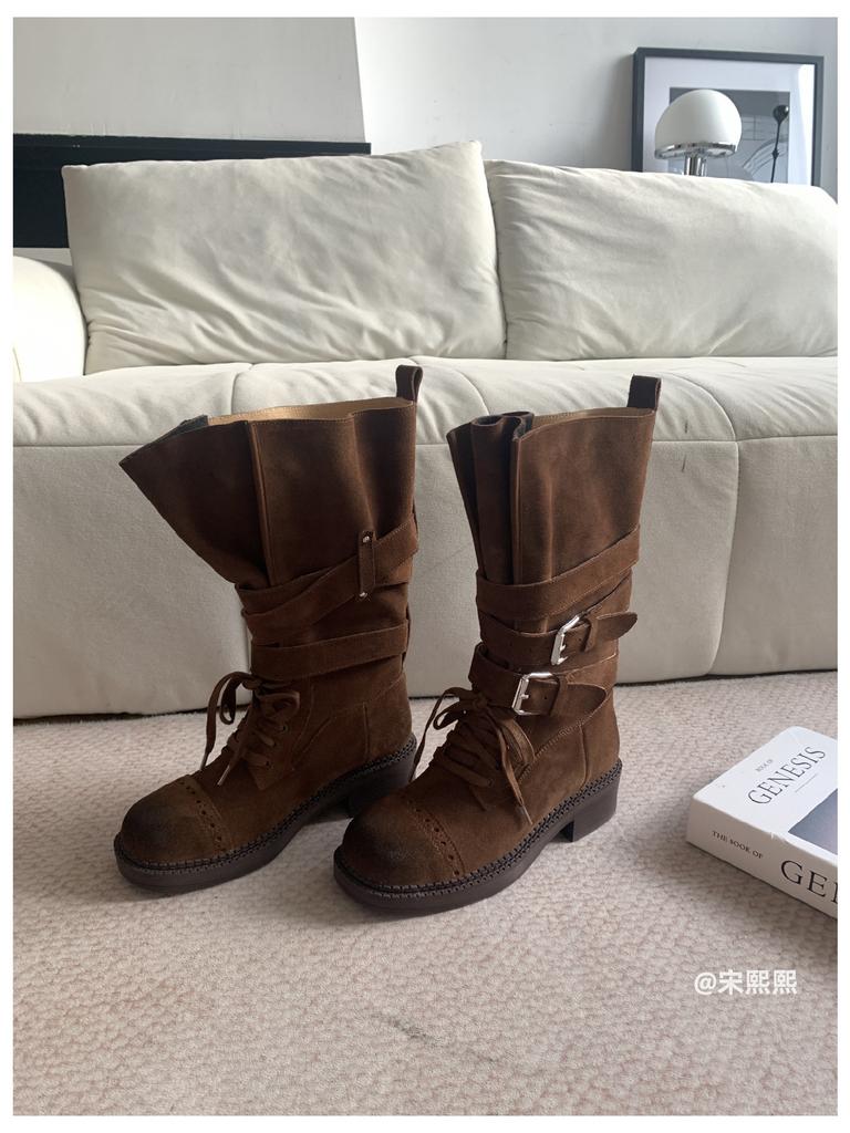 Retro Martin boots women's new autumn versatile thick heel medium tube knight boots strap round head western short boots