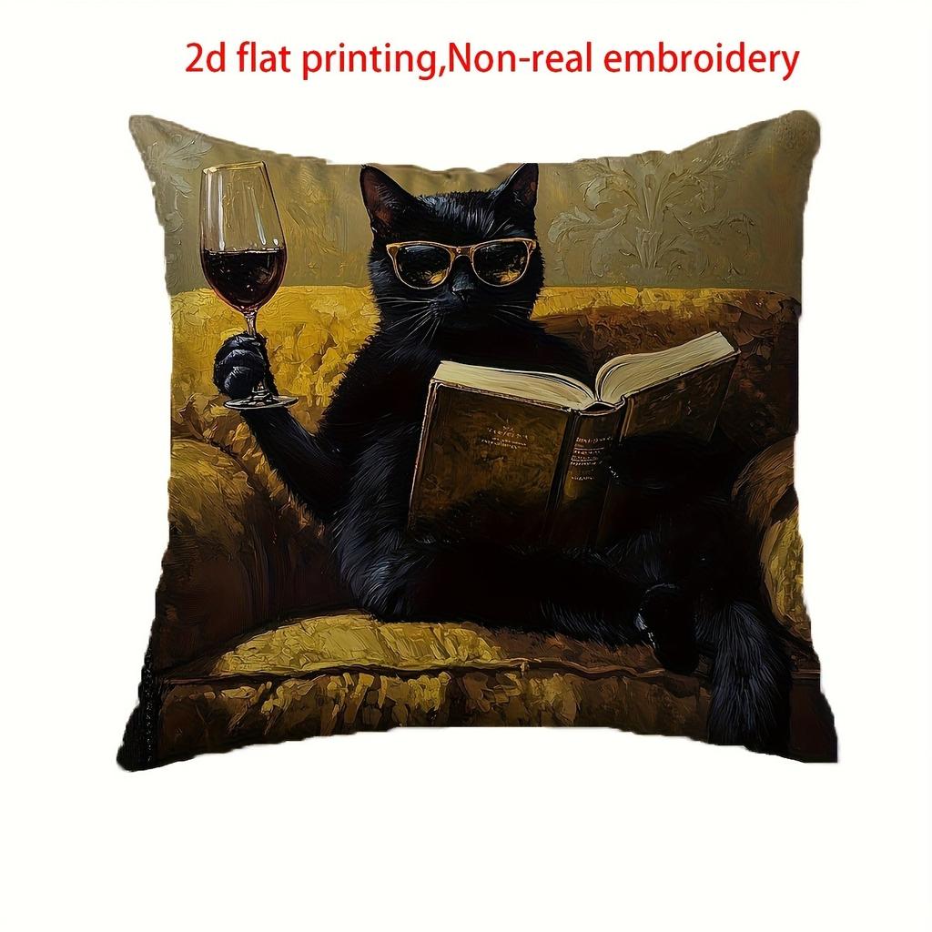 Cool Black Cat Reading Book with Wine Glass 2D Printed Pillow Cover Sofa Cushion Cover, Home Decoration, 2D Printing