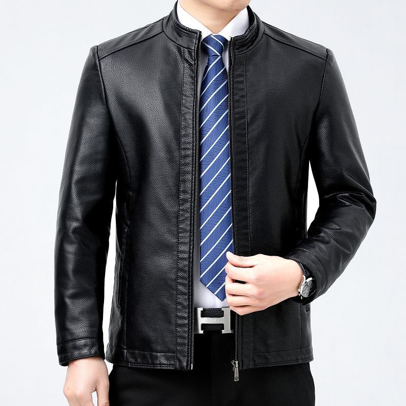 Autumn and Winter New Men's Leather Jackets, Fashionable Lapels, Middle-aged Men's Cowhide Jackets, Single Leather and Velvet Jackets