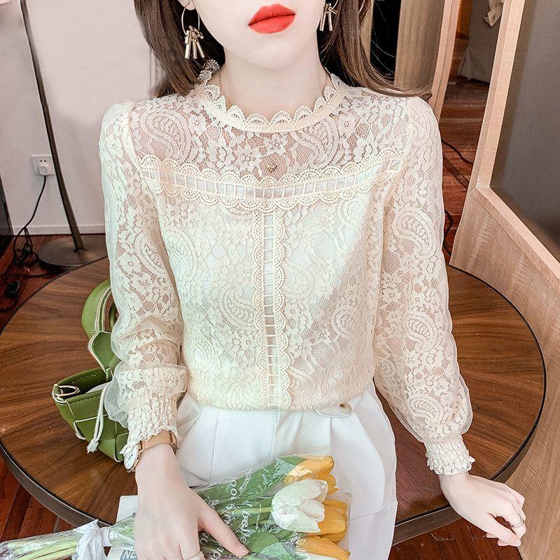 Кружевной базовый слой Женский Осенне-зимний Высококлассный Элегантный С длинным рукавом Круглый вырез Большой размер Женский топ