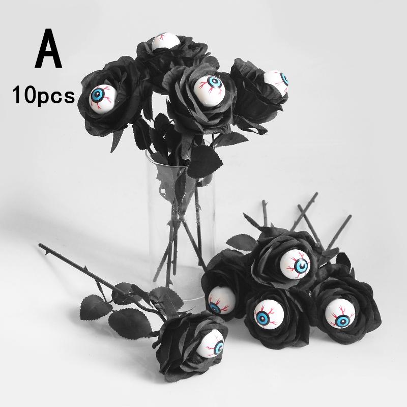 Halloween Eyeball Rose Black Fake Flower Single Stem With Eyeballs Ghost Festival Scary Party Decor Role Play Photobooth Props