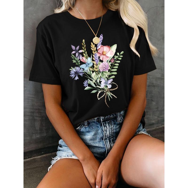 Женская футболка с цветочным принтом, круглый вырез, короткий рукав, повседневный топ на каждый день