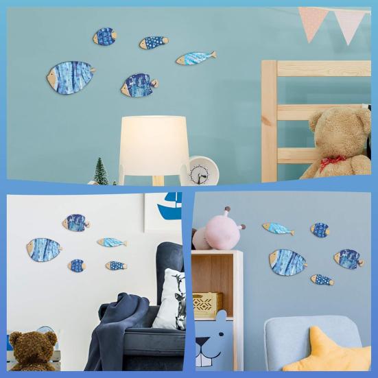 5Pcs/Set Wooden Fish Wall Decoration Farmhouse Rustic Nautical Blue Fish Wall Art Sculpture Home