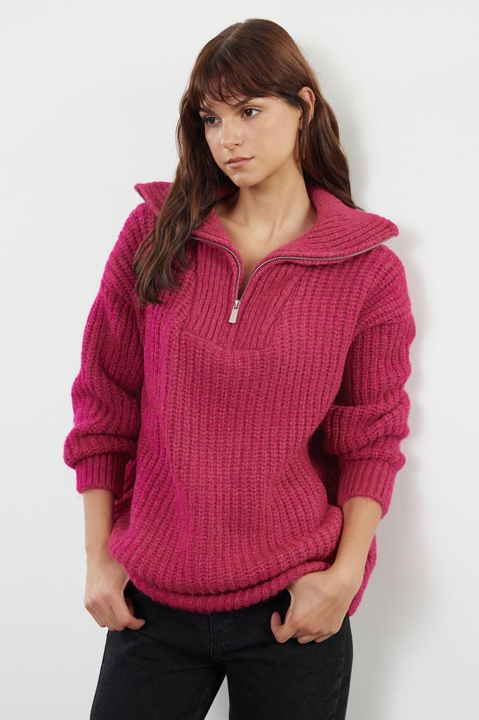Women's Elegance Style Sweater Fuchsia Soft Textured High Collar Knitwear Sweater