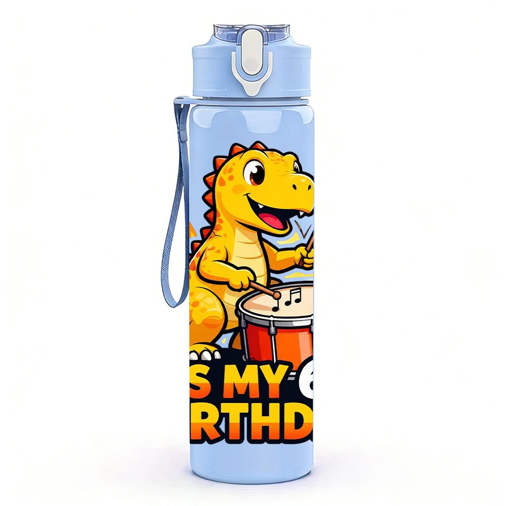 1PC It Is My 6th Birthday Drumming Dino 750ml Color Plastic Water Bottle Leakproof Flip Straw Lid For Sports Office Home Use