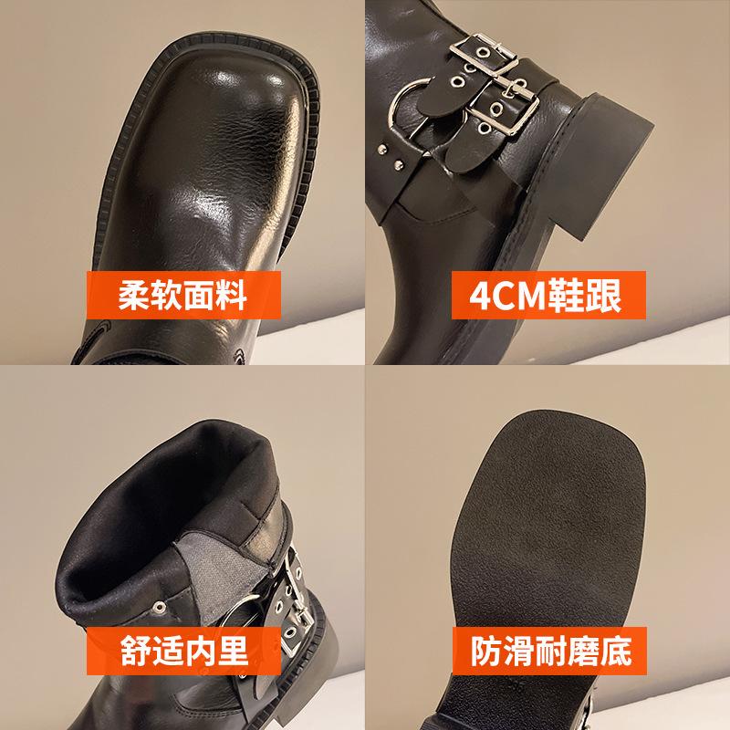 Женские ковбойские сапоги в стиле вестерн с грубым каблуком, новые 2024 года, средние сапоги в британском стиле с пряжкой на ремне, подходят для всех сезонов, модные сапоги