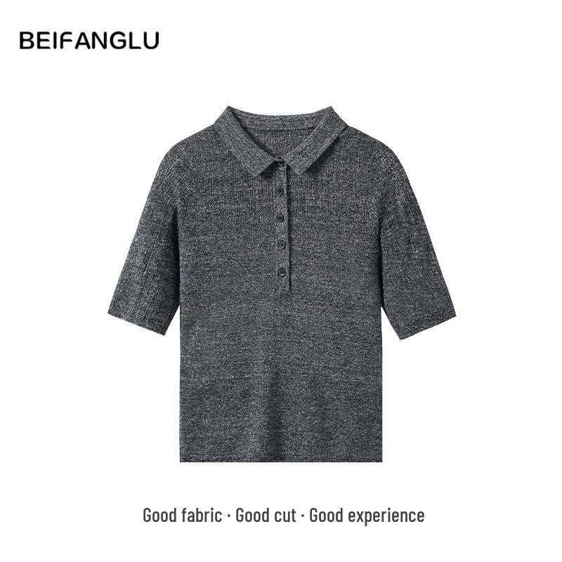 Northern Deer Women's Old Money Style Slub Yarn Polo Collar Knit Short Sleeve, 54.7 Wool, 45.3 Linen, M96Q0417