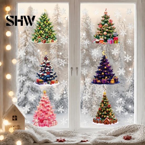 Transparent Christmas Window Film 6Pcs Colorful Tree Snowflake Static Sticker, PVC Cling, Removable Decal Decorative Glass Stickers for Parties