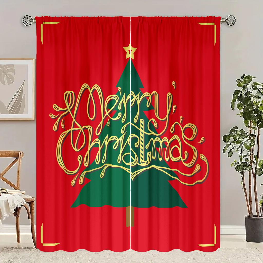 2 Pieces of Santa Claus Christmas Tree Printing Curtain - Polyester Material - Suitable for Bedroom Living Room Study Room Priva