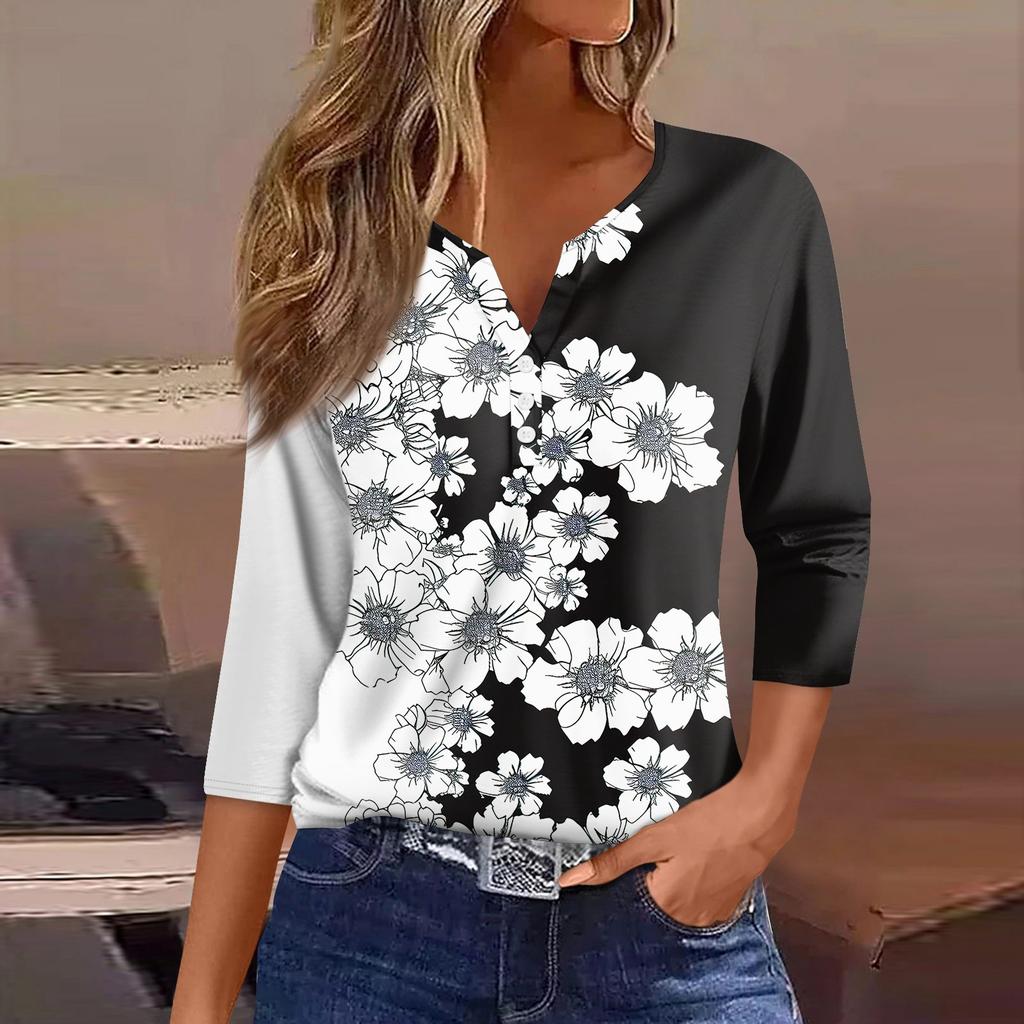 Жен. Футболка С принтом Пуговицы Рукав 3/4 Повседневные Выходные Мода Классический Классический V-образный вырез Обычный Верх