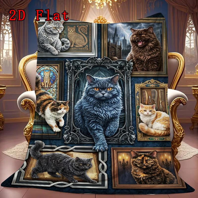 Gothic Cat Portraits 2D Flat Pattern Flannel Blanket, High quality All Seasons, Home Decor, Warmth and Comfort, Perfect for Christmas Gifts.