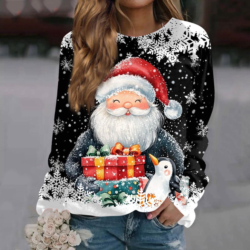 Women's Casual Fashion Christmas Print Long Sleeve Round Neck Pullover Top Blouse Sweatshirt