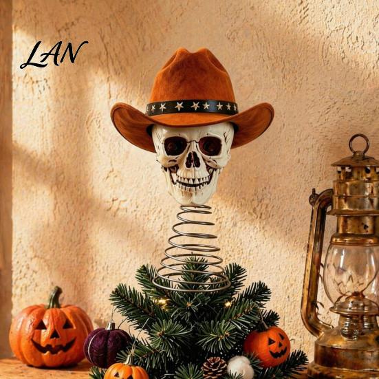 Halloween Tree Topper Gothic Skull with Cowboy Hat, Vintage Western High-end Home Decor Skeleton Ornament for Halloween, Spooky Christmas Top