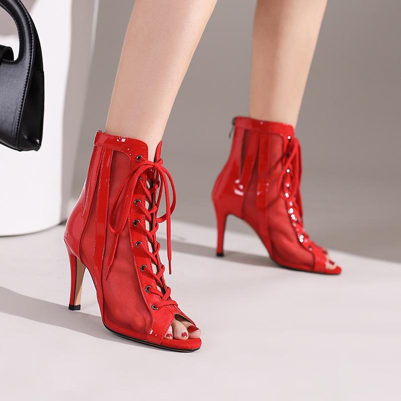 Summer Fish Mouth Mesh British Shoes Front Lace-up Cool Boots High Heel Sandals Large Size Boots