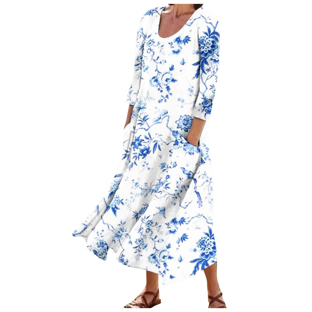 Женское модное повседневное свободное карманное платье с круглым вырезом и рукавами 3/4