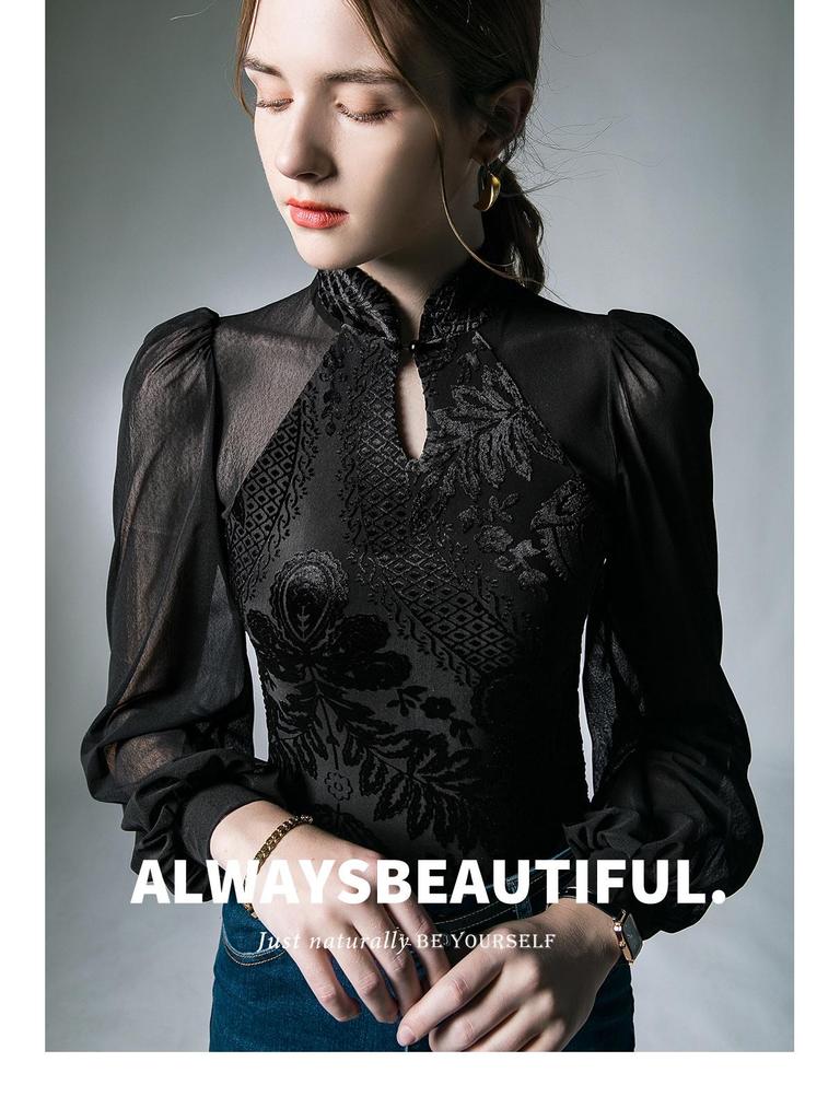 Retro European-Chinese Mesh Lantern Sleeve Blouse: Trendy Autumn Slim Fit