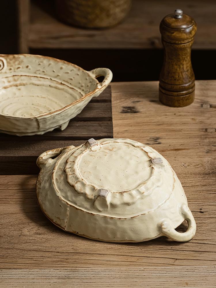 Тарелка из грубой керамики, японская ретро керамическая тарелка с двойными ручками, тарелка для салата, бытовая тарелка для фруктов ручной работы, салатник