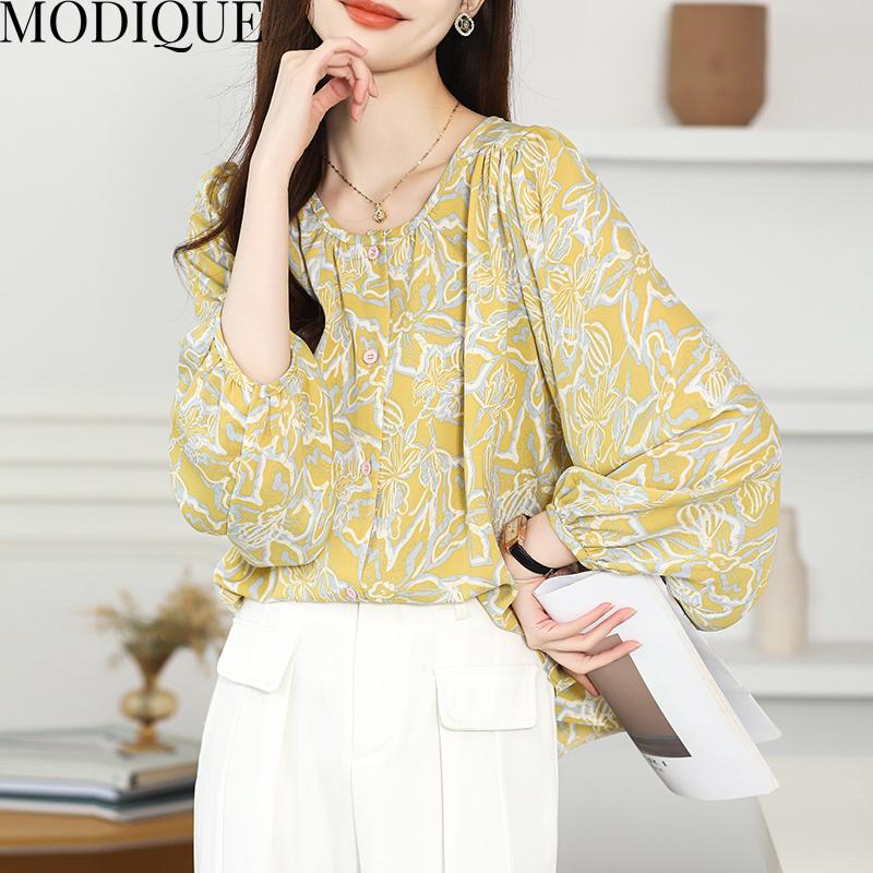 MODIQUE весна лето большие размеры женские свободные повседневные элегантные хлопковые льняные шифоновые блузки с цветочным принтом рубашки женские базовые с круглым вырезом пальто с пышными рукавами