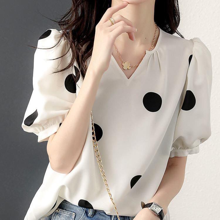 Модная свободная рубашка с короткими рукавами в горошек для женщин