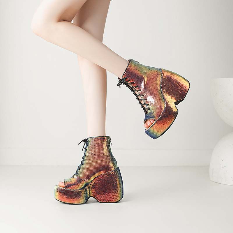 Krazing Pot Блестящая ткань весна лето размер 43 размер 42 женские платформы женские открытый носок сексуальные летние сапоги на шнуровке туфли-лодочки