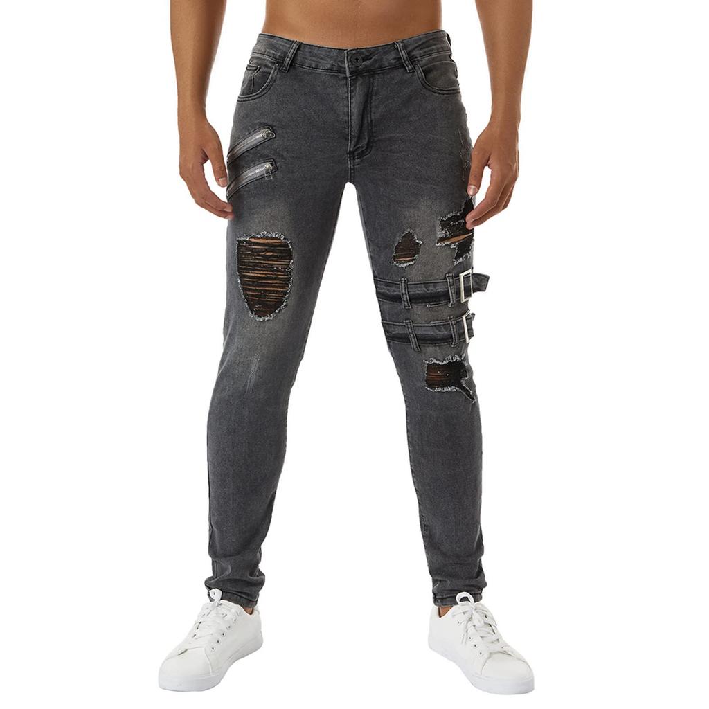 Men Jeans Solid Color Ripped Holes Frayed Gradient Washed Trousers