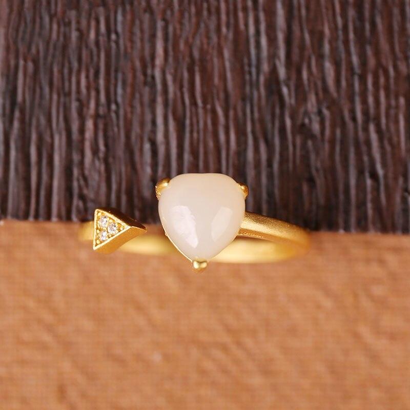 New Silver Inlaid Natural Hotan White Jade Arrow Heart Shaped Diamond Fresh Romantic Lovely Women Opening Adjustable Ring