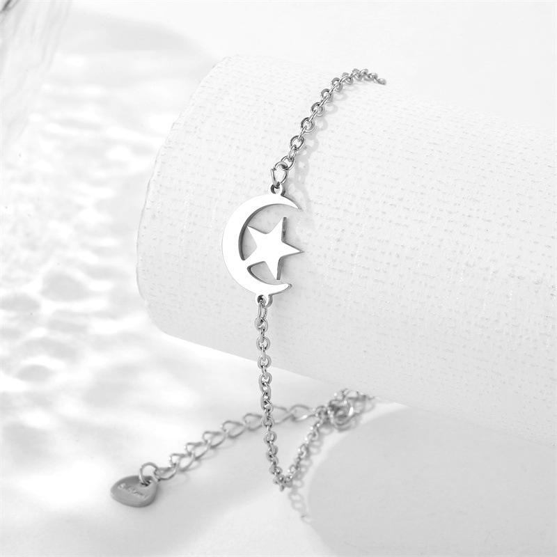 18K Gold Stainless Steel Crescent Moon Star Dainty Bracelet Adjustable Non-Tarnish Hypoallergenic Celestial Women