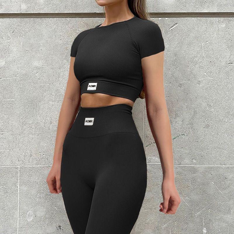 American Fashion Hotsweet Sports Style Yoga Suit Solid Color Thumb Button Slim Crop Shirt + High Waist Plastic Sports Pants Outdoors Outfies Sets