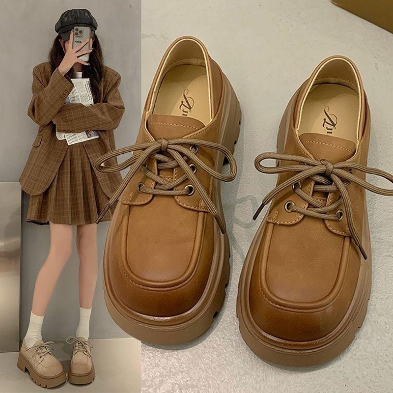 Ins design ретро полированные кожаные туфли женские 2024 новые весенние универсальные туфли на платформе со шнуровкой британские одинарные туфли