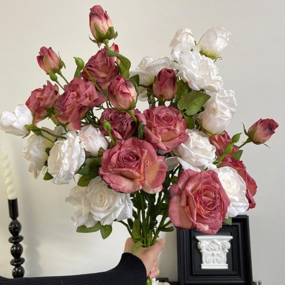 Burnt Edge Rose Artificial Rose Branch 3 Heads Fake Bouquet New Fake Peony Wedding