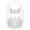 Girls Dance Outfit Long Sleeve Cutout Crop Top with Sparkling Sequins Tiered Ruffle Skirted Shorts