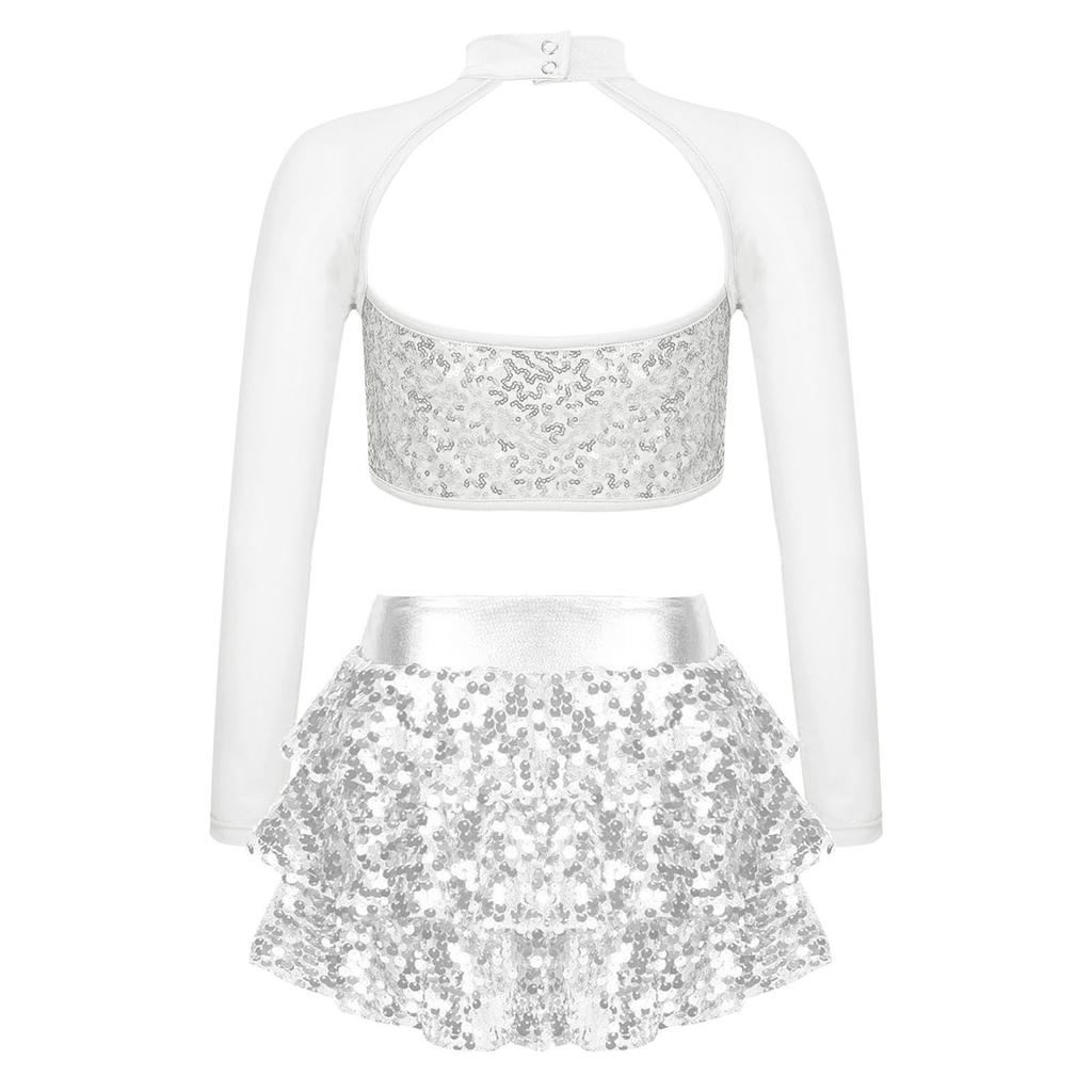 Girls Dance Outfit Long Sleeve Cutout Crop Top with Sparkling Sequins Tiered Ruffle Skirted Shorts