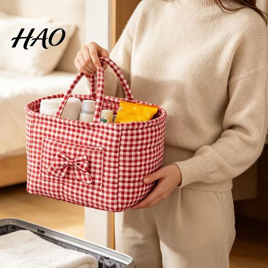 Foldable Fabric Bin with Handles Quilted Storage Basket Dual Handles, Large Capacity Cotton Organizer, Travel Commuter Bag for Essentials Multi
