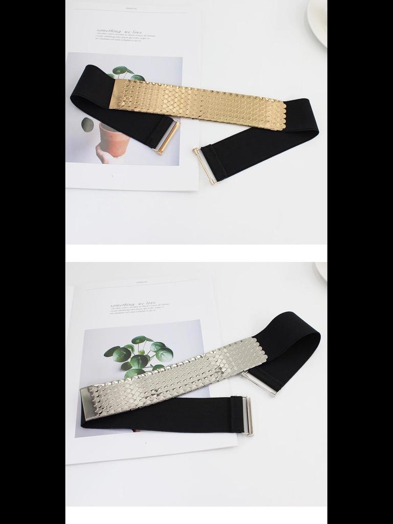 Women's Fashion Metal Elastic Belt with Fish Scale Pattern - Versatile Wide Elastic Waistband for Dresses
