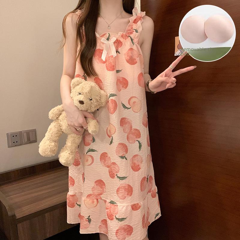 Женская летняя ночная рубашка из хлопка с пузырьками и подтяжками на груди — легкая, стильная домашняя одежда для дома и улицы