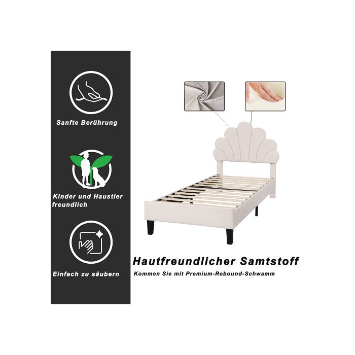 Lit d'enfant - MUVOE - 90 x 200 cm - Beige - Tête de lit fleurie - Montage facile