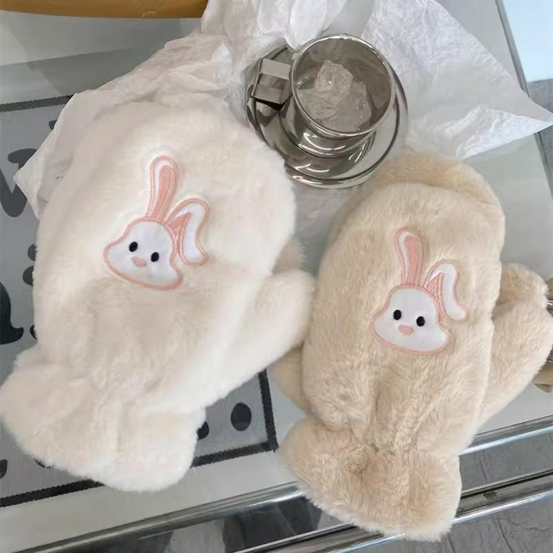 Winter Thickened All-Inclusive Cold-proof Gloves Female Cartoon Cute Rabbit Warm Finger Plush Student Ride