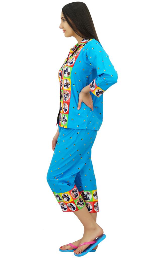 Bimba Cotton Button-Down Shirt With Pajama Capri Pants Set Lounge Wear Night